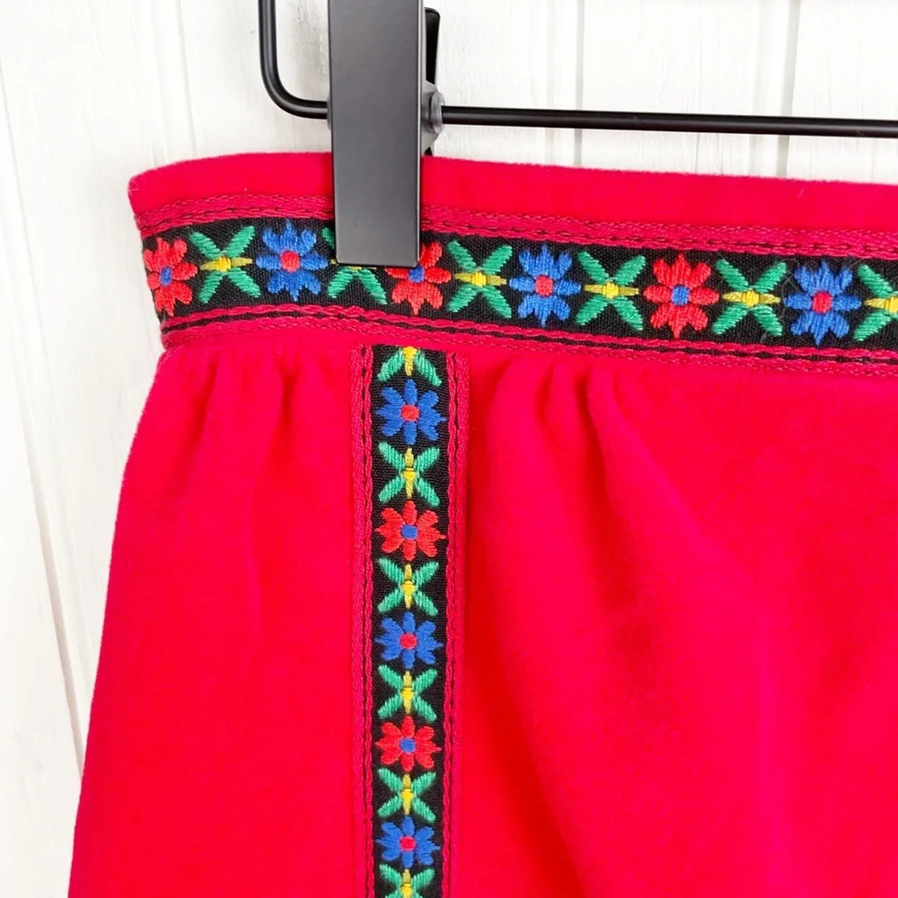 Vintage 1970s Velvety Soft Red Floral Embroidered Maxi Skirt by Evelyn Pearson